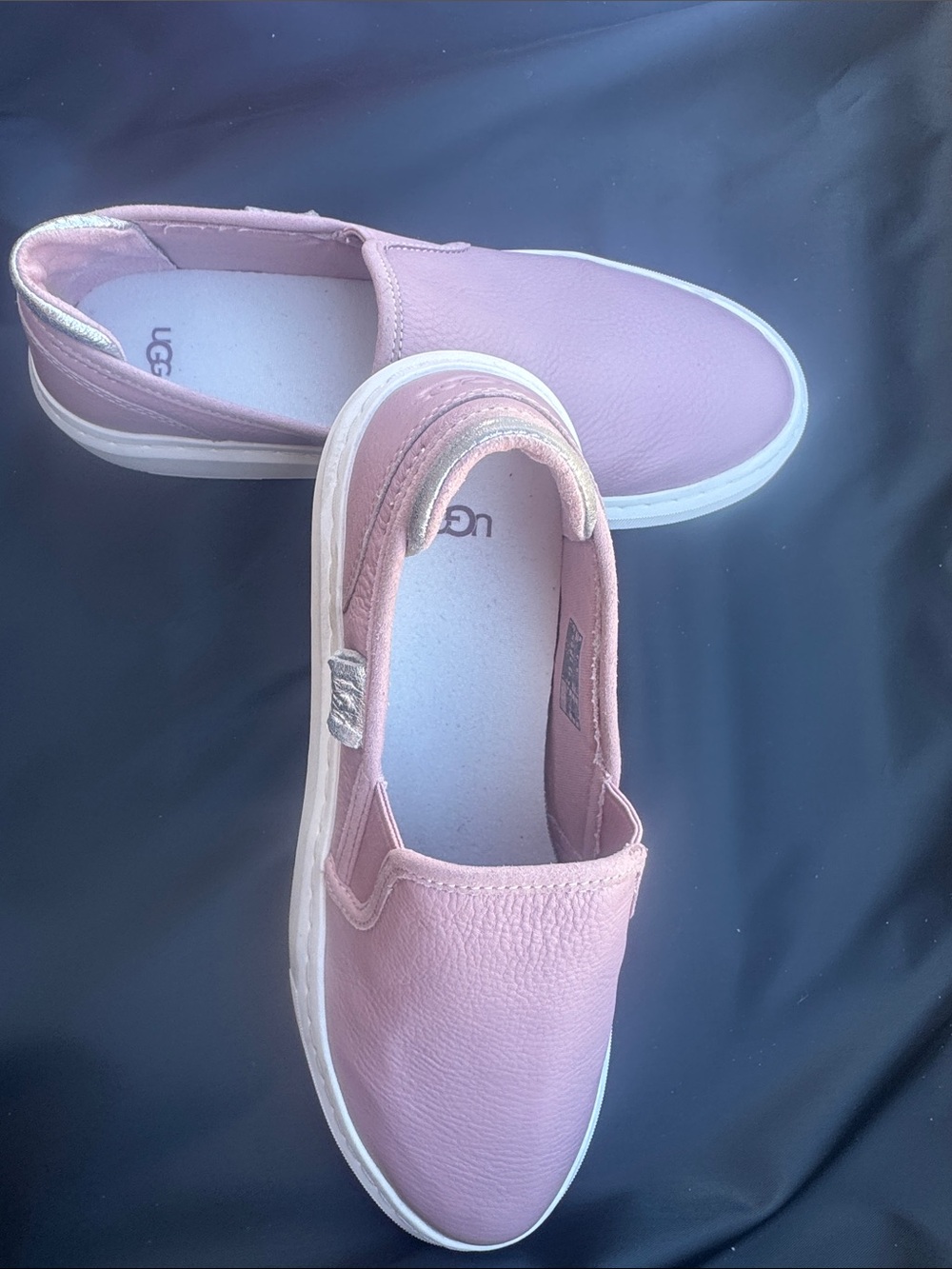 UGG Pink Leather Slip-On Sneakers with Metallic Accent. NEW